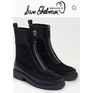 Sam Edelman Leone Lug Sole Chelsea Boots Black Leather Zip Front Women's Sz 9.5